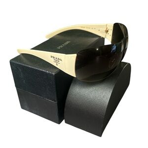 Vintage Y2K Designer Luxury Prada Ivory Off White Gold Tone Shield Sunglasses